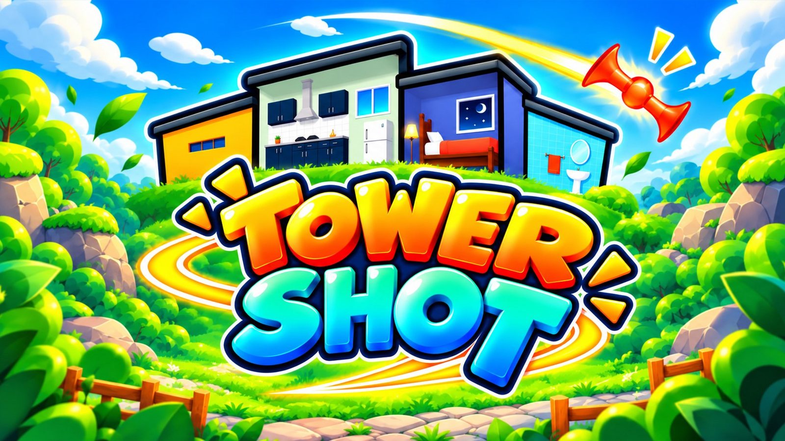 Tower Shot key art: a house of rooms on a green hill, with a dart flying over it