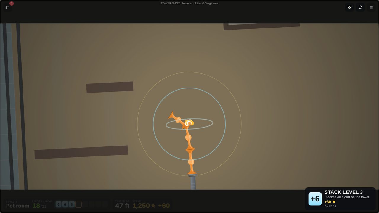 Three darts stacked on the tower: STACK LEVEL 3, +6